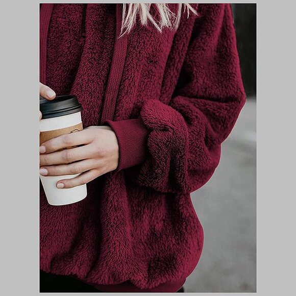 Women's Fuzzy Hoodies Sport Pullover Hoodie Wine Red - Picture 3 of 7